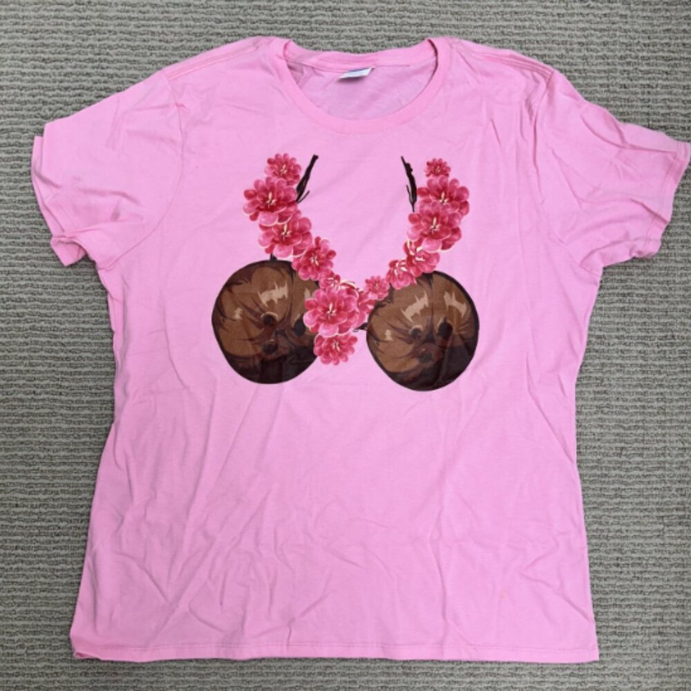 Hawaiian Luau Coconut Bikini Lei Pink Tee Shirt - Funny